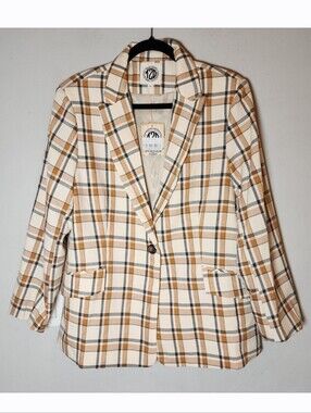 NWT Brown Plaid Single Button Boyfriend Blazer Jacket Size Medium Tees2urdoor